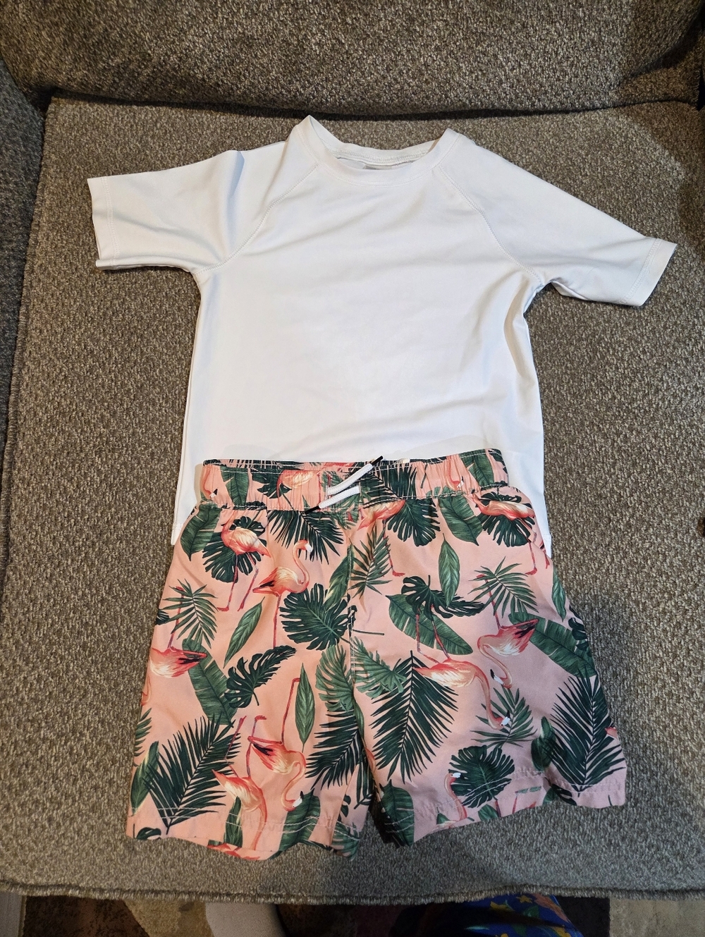 Old Navy White Short Sleeve Rash Guard And Flamingo Swim Shorts